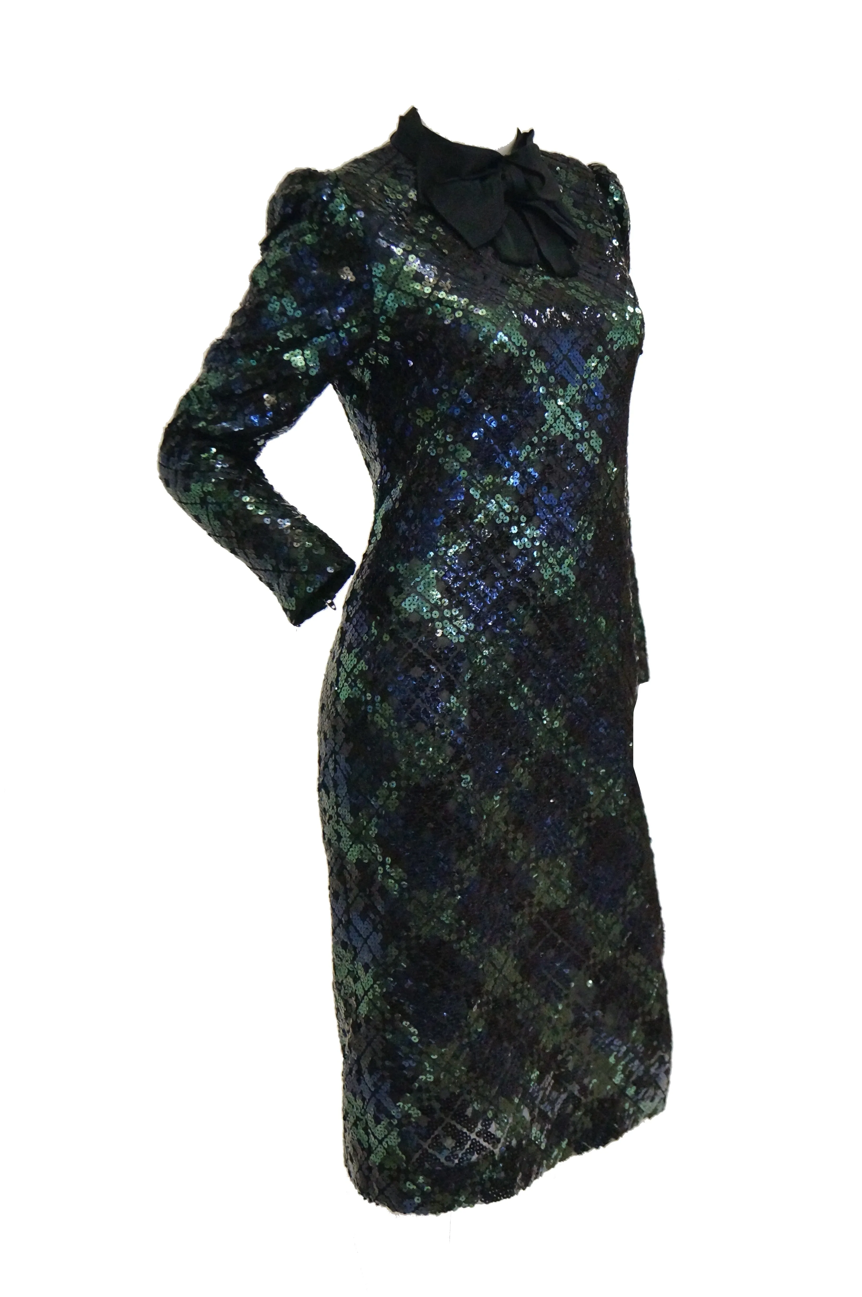 1980s Bill Blass Black and Green Black Watch Tartan Fully Sequined Evening Dress