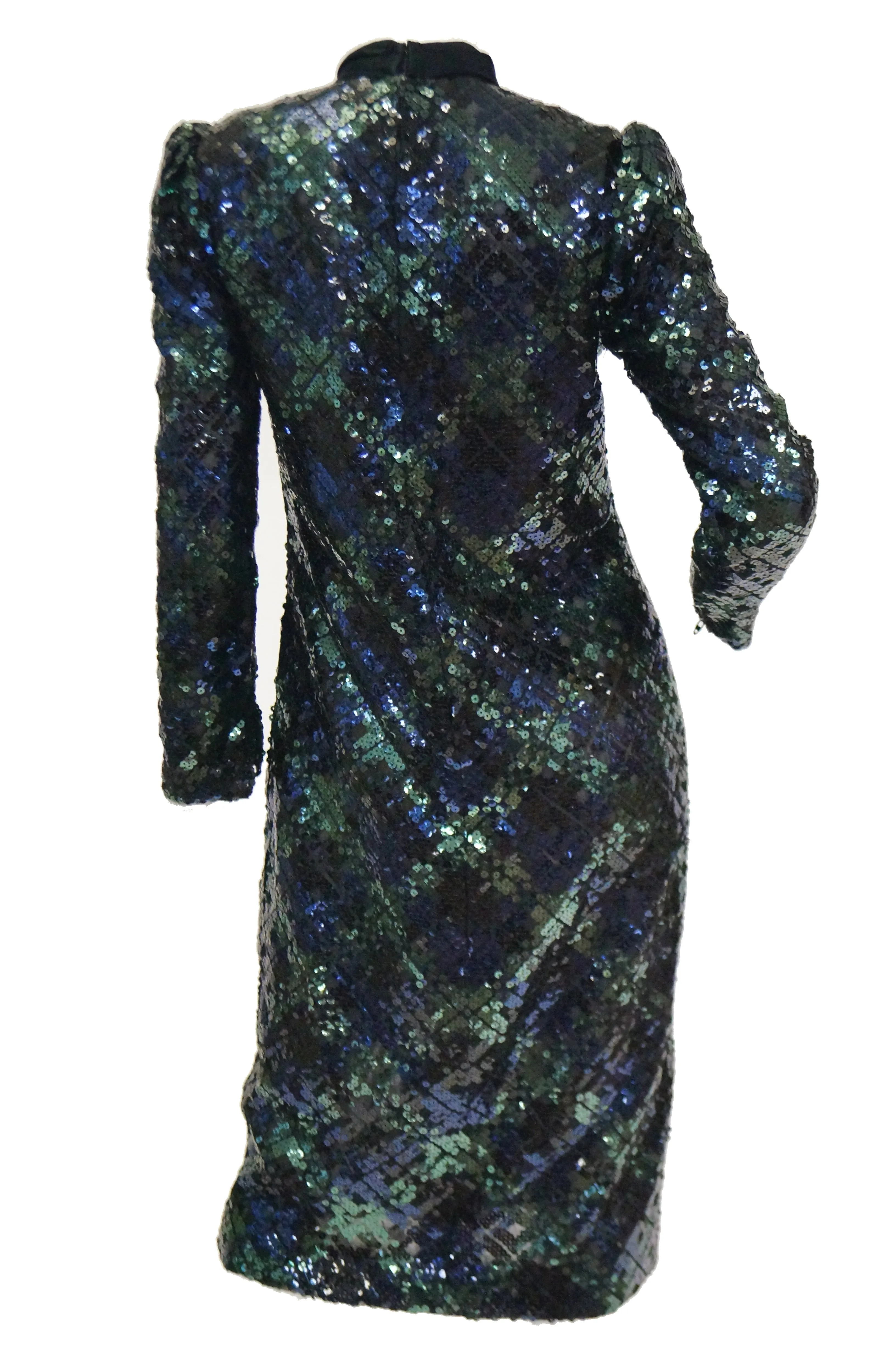 1980s Bill Blass Black and Green Black Watch Tartan Fully Sequined Evening Dress