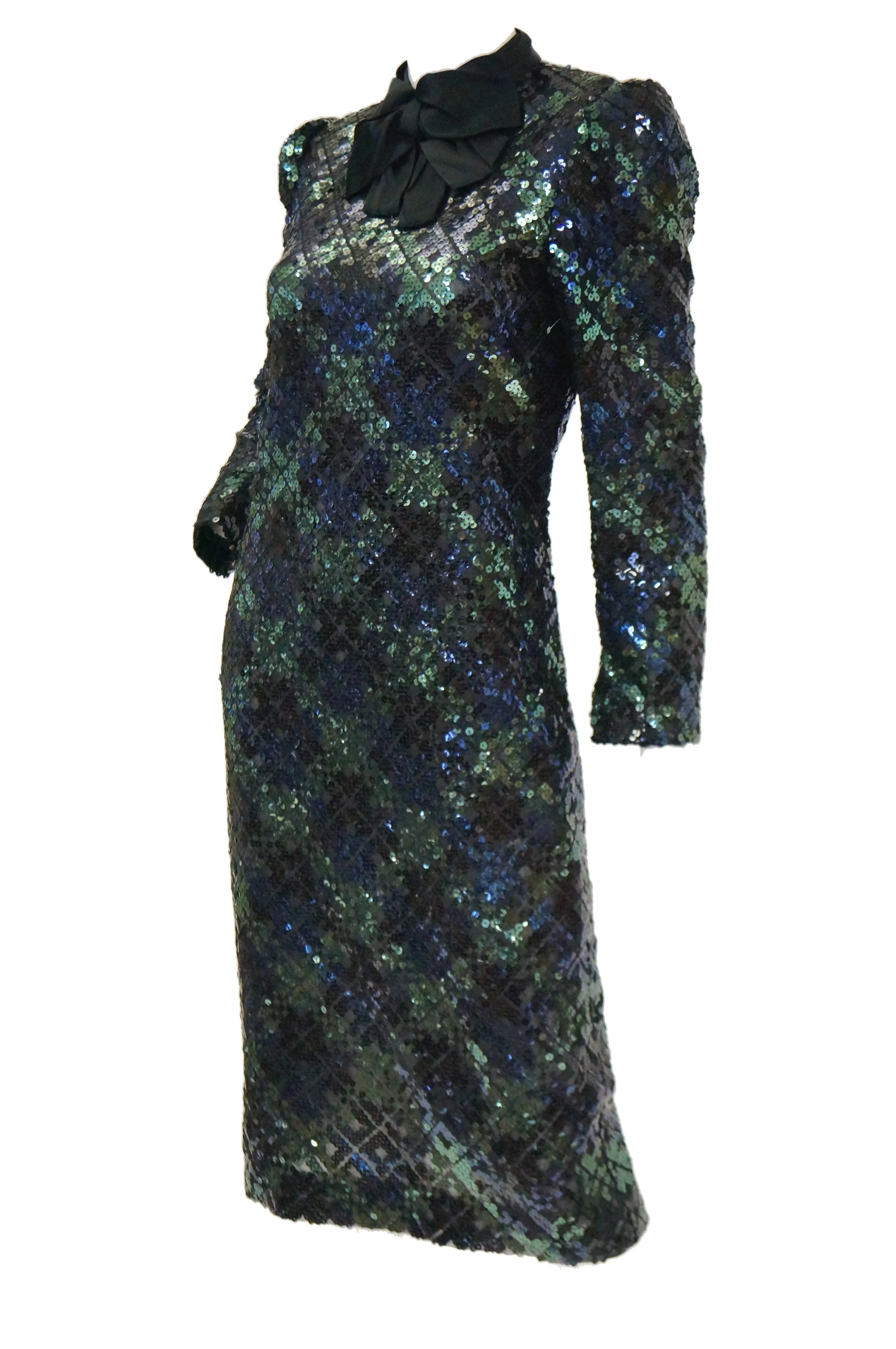 1980s Bill Blass Black and Green Black Watch Tartan Fully Sequined Evening Dress
