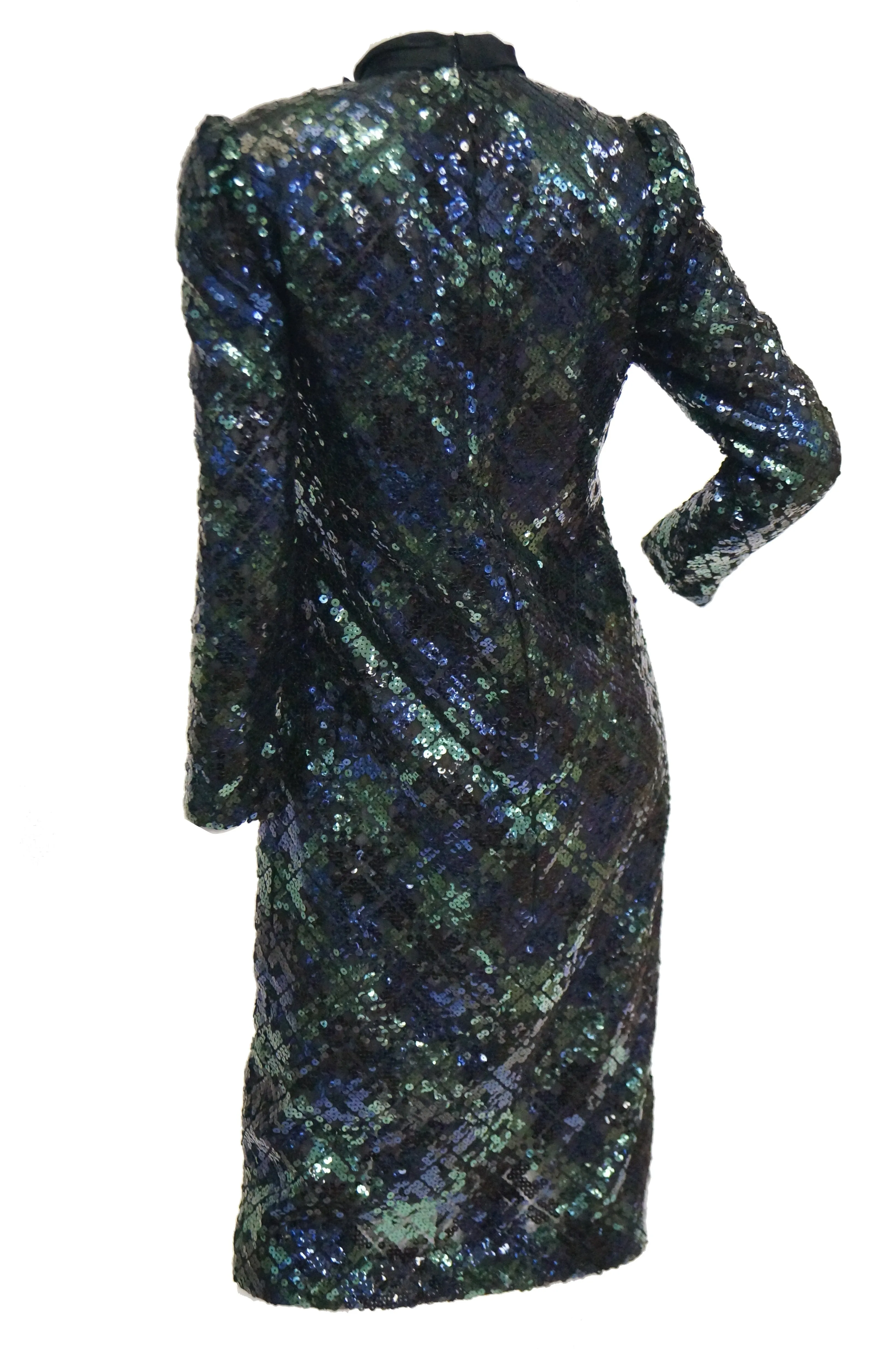 1980s Bill Blass Black and Green Black Watch Tartan Fully Sequined Evening Dress