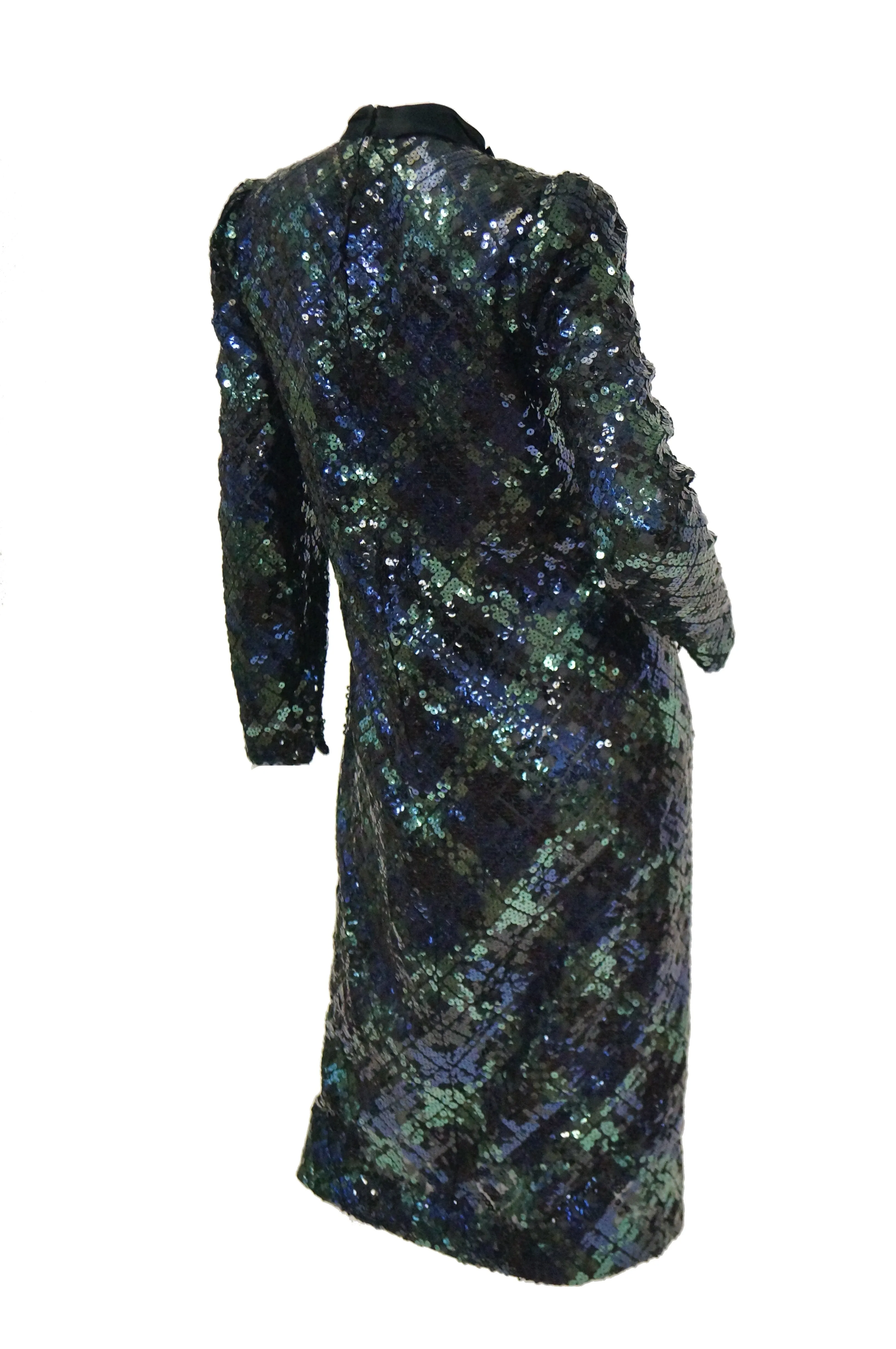 1980s Bill Blass Black and Green Black Watch Tartan Fully Sequined Evening Dress
