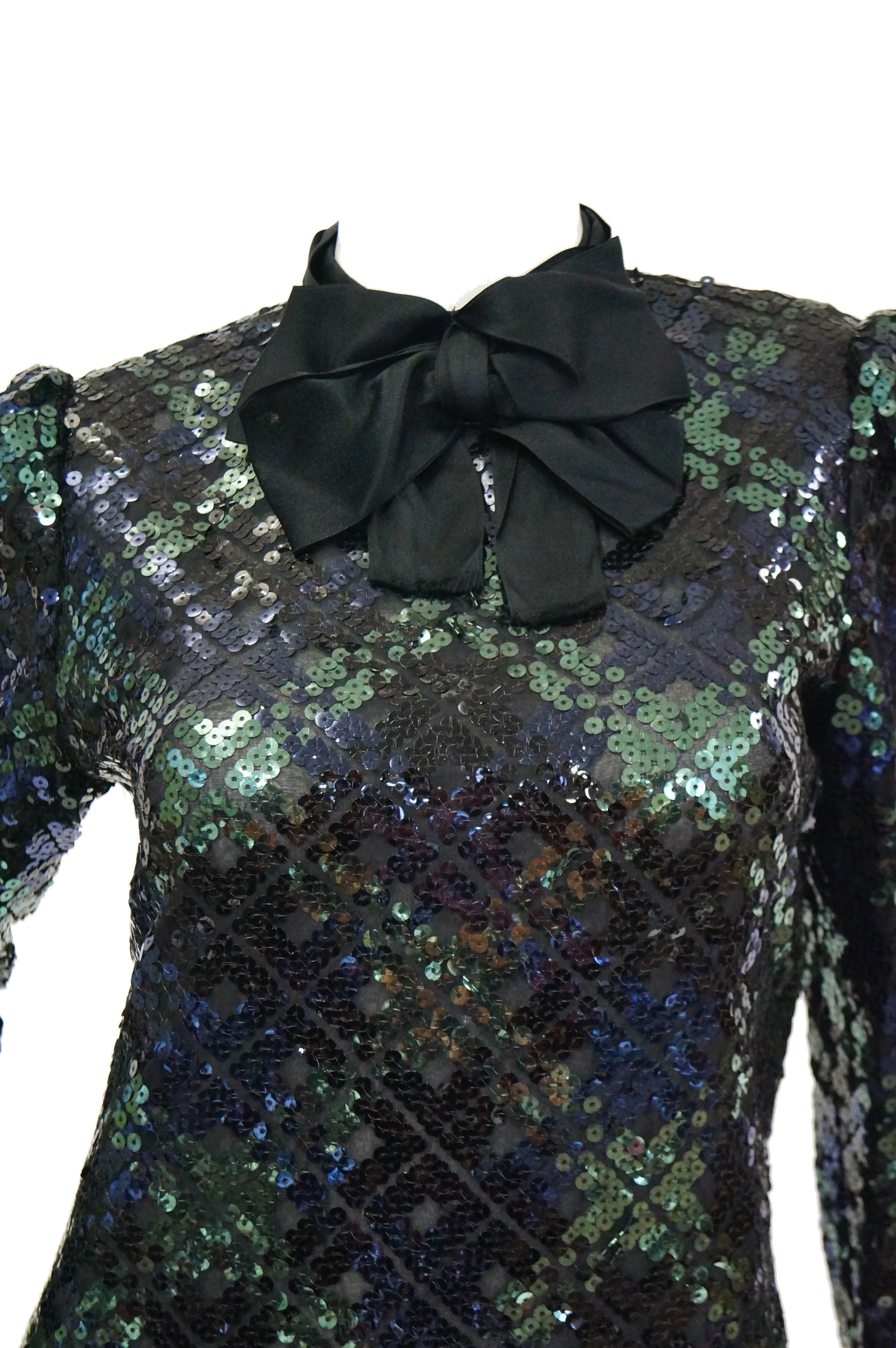 1980s Bill Blass Black and Green Black Watch Tartan Fully Sequined Evening Dress