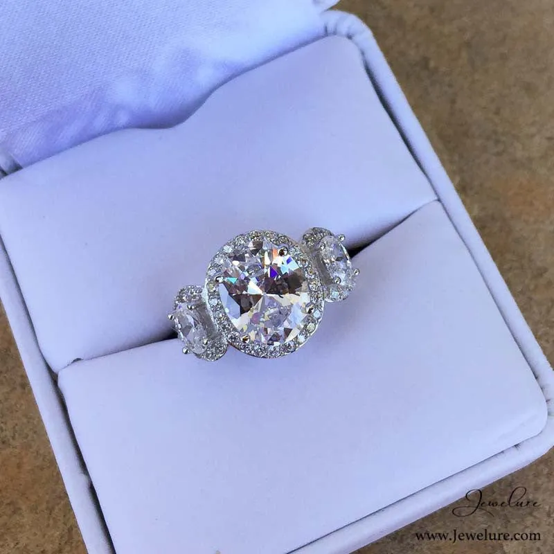 2 CTW 3 Stone Oval Cut Halo CZ Engagement Ring
