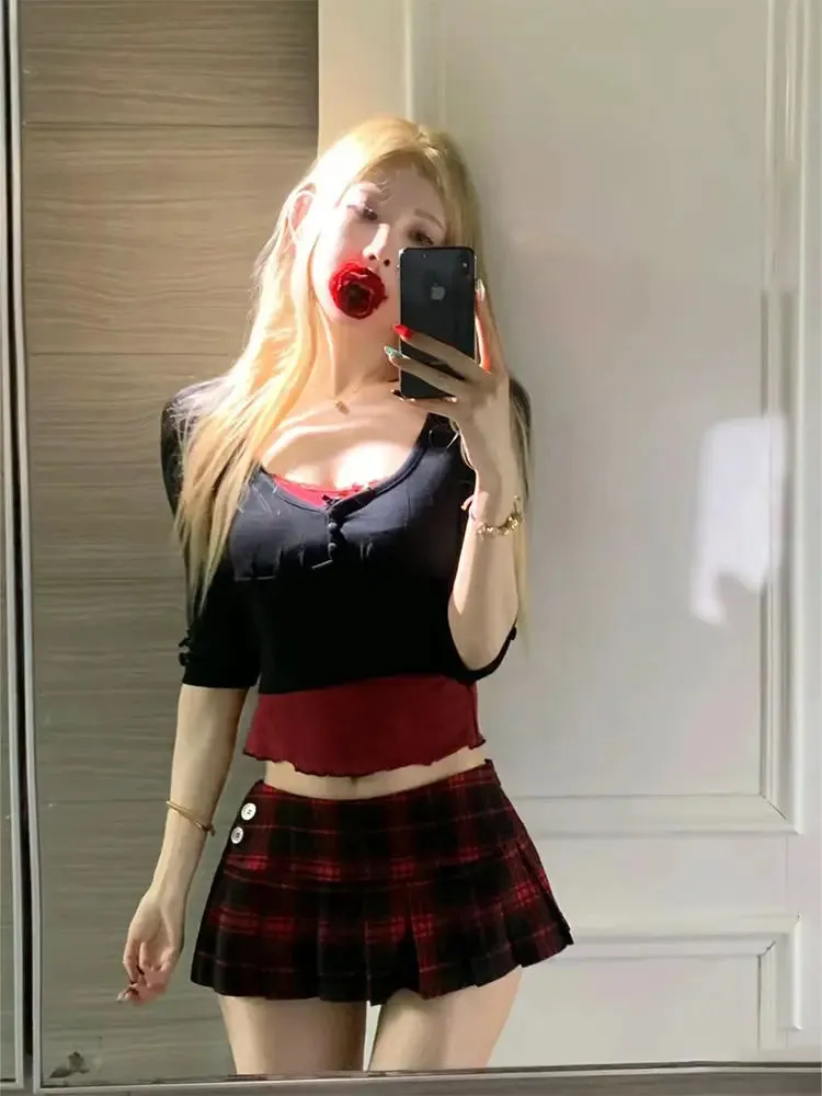 Aiertu Academy style color matching women's set short spicy two piece sets 2024 womens outifits low waisted plaid skirt sets