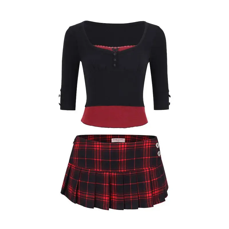 Aiertu Academy style color matching women's set short spicy two piece sets 2024 womens outifits low waisted plaid skirt sets