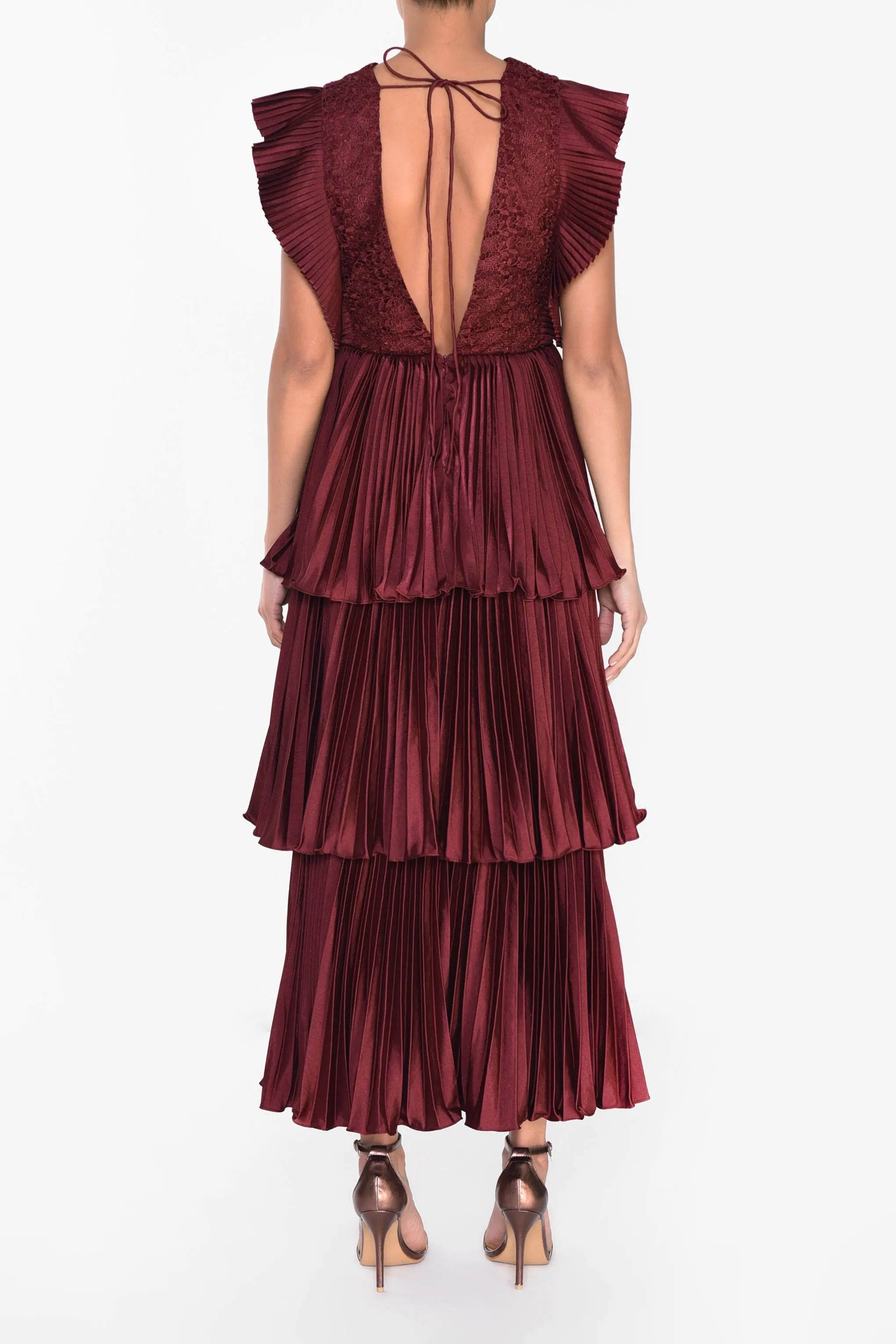 Beatrice Burgundy Satin Pleated Tiered Dress