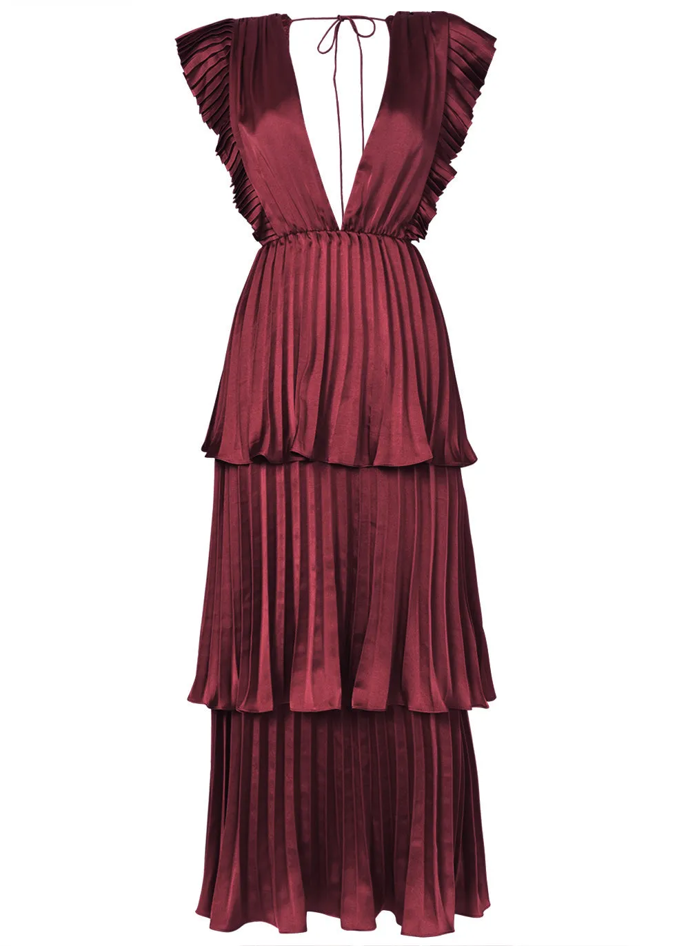 Beatrice Burgundy Satin Pleated Tiered Dress