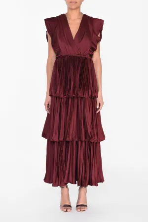 Beatrice Burgundy Satin Pleated Tiered Dress