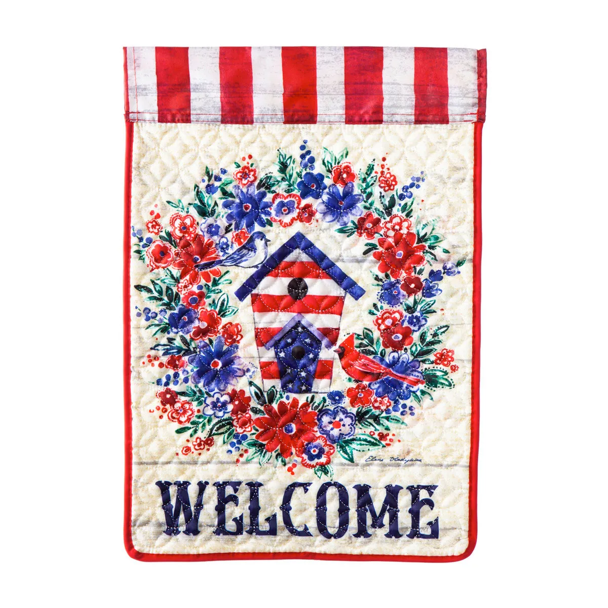 Birdhouse Wreath Garden Quilted Flag