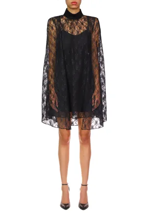 Black Floral Lace Cape Mini Dress