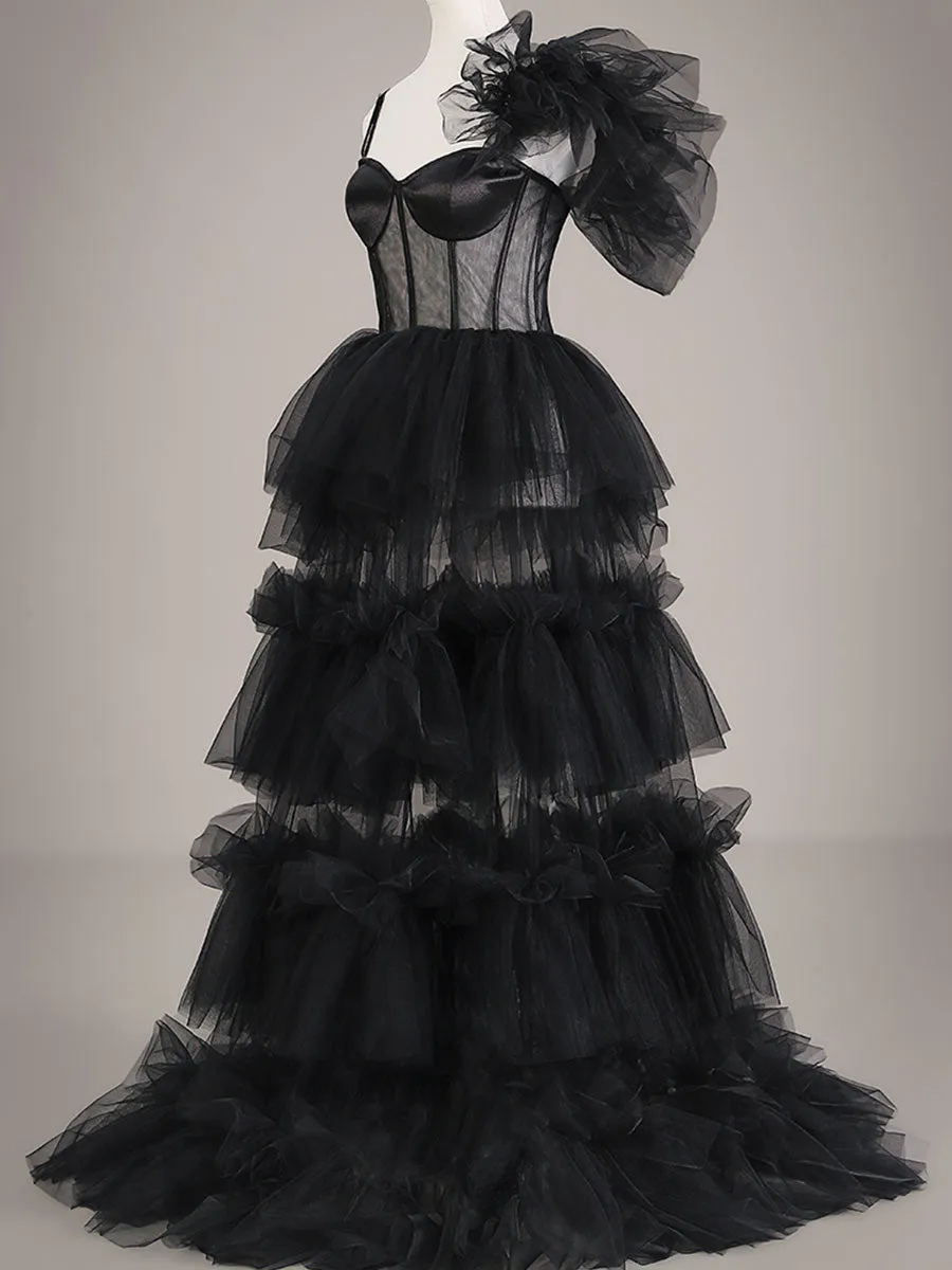 Black One Shoulder Wedding Dress Cheap Tulle Gowns