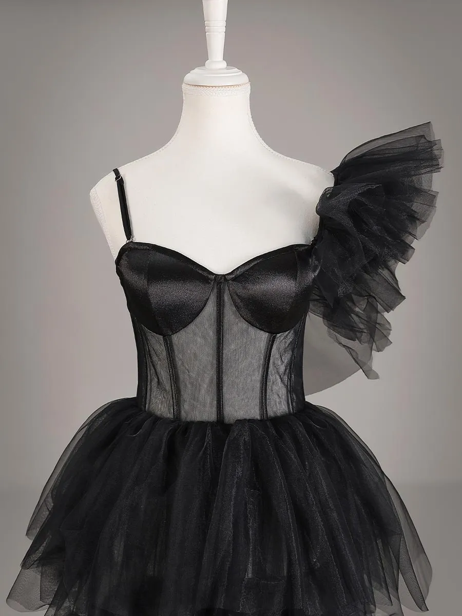 Black One Shoulder Wedding Dress Cheap Tulle Gowns