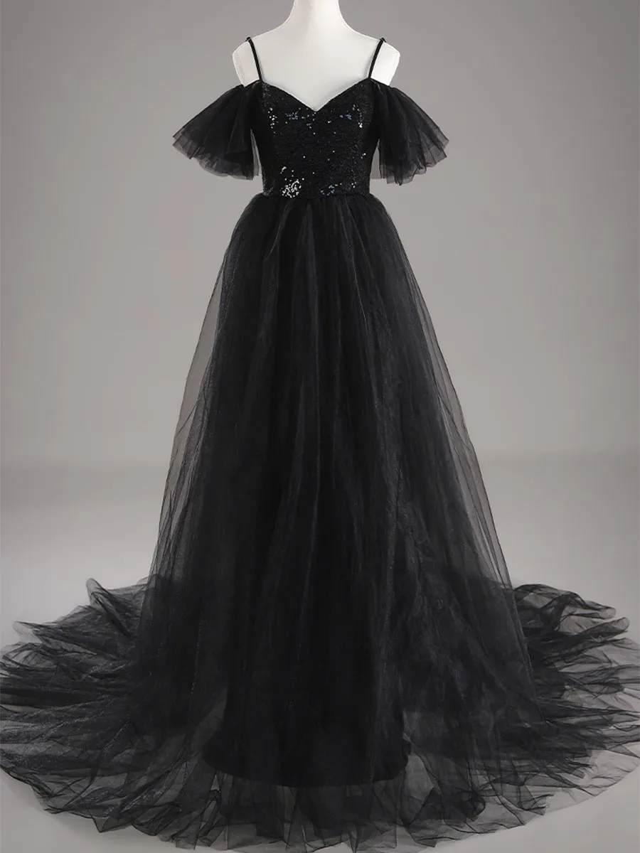 Black Sequin Wedding Dress A line Tulle Flutter Sleeves