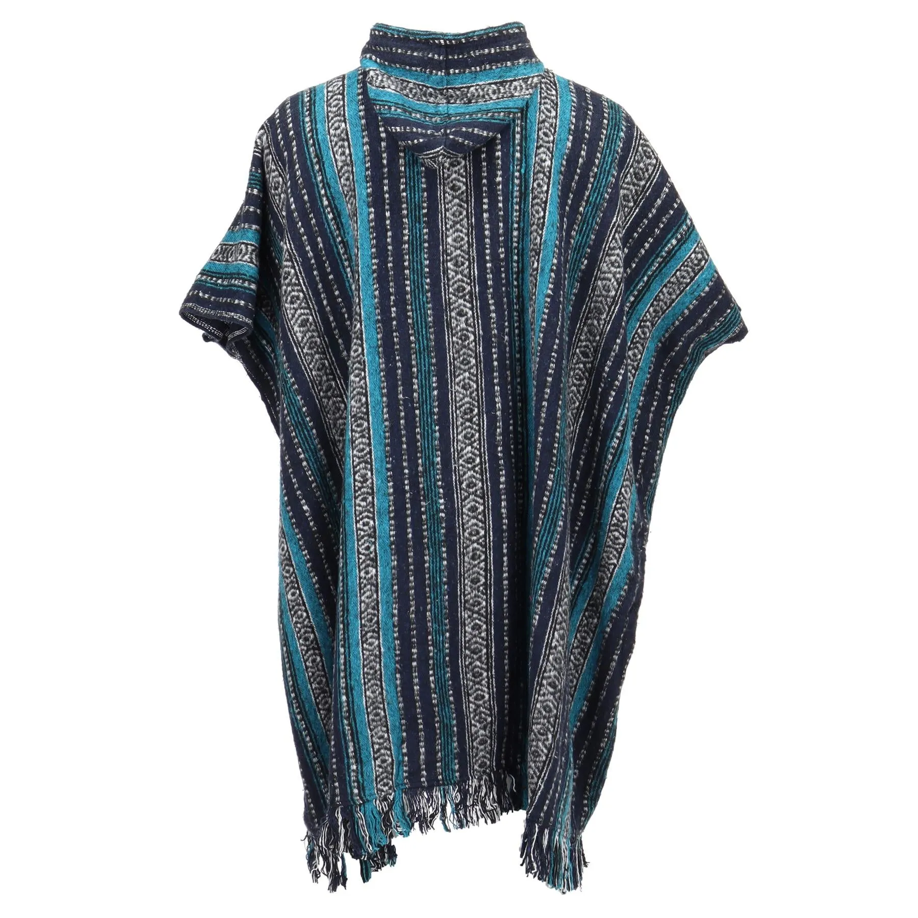 Brushed Cotton Long Hooded Poncho - Blue