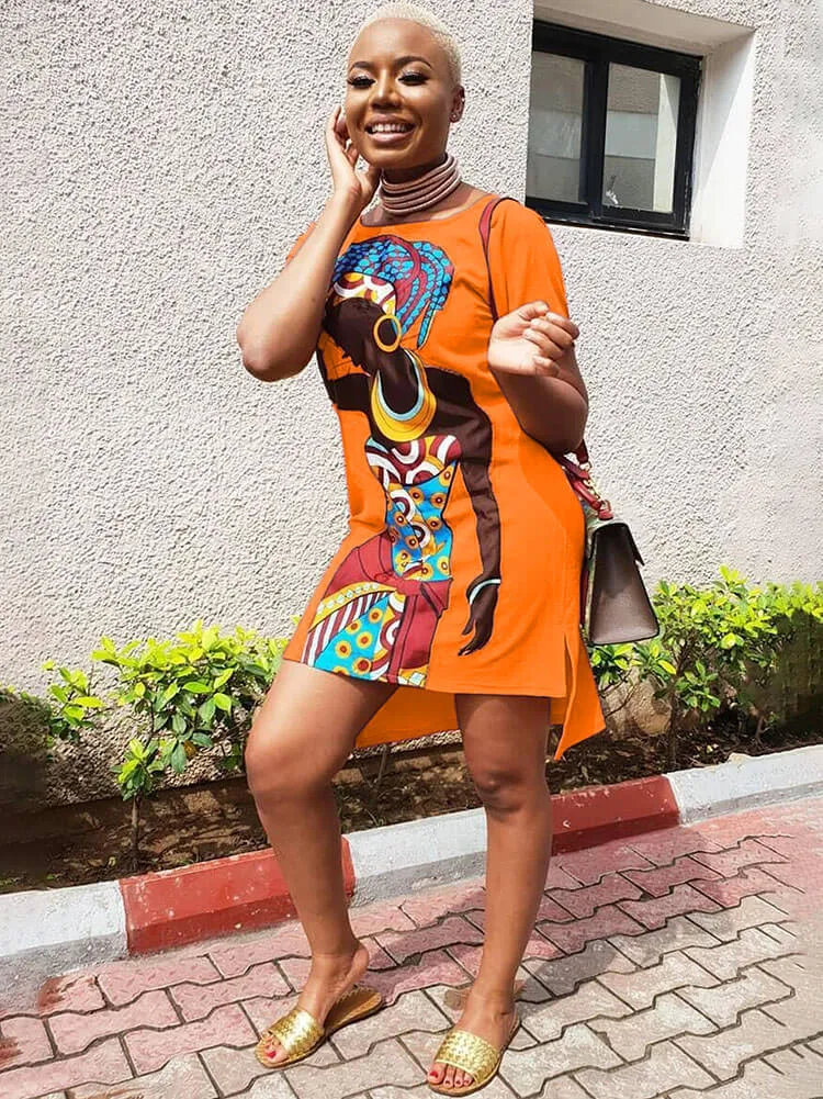 Casual Short Sleeve Tunic African Print Mini Dress
