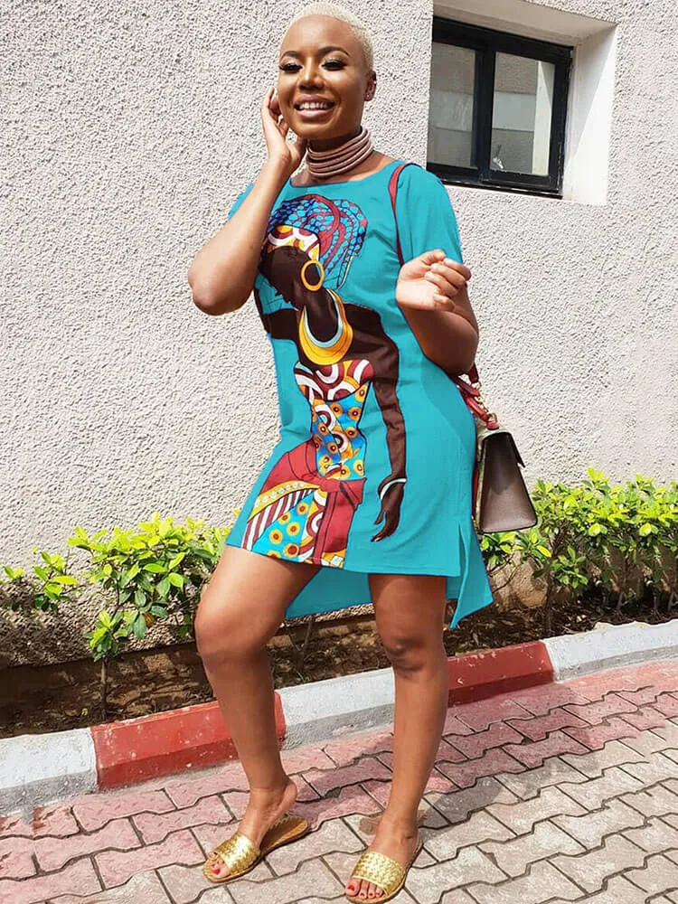 Casual Short Sleeve Tunic African Print Mini Dress
