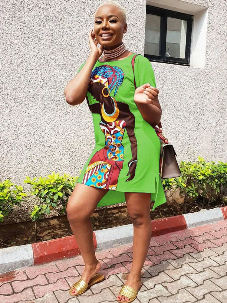 Casual Short Sleeve Tunic African Print Mini Dress