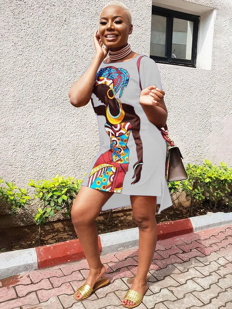 Casual Short Sleeve Tunic African Print Mini Dress