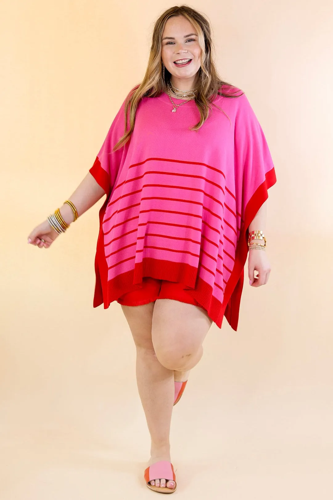 Casual to Chic Short Sleeve Striped Poncho Top in Pink and Red