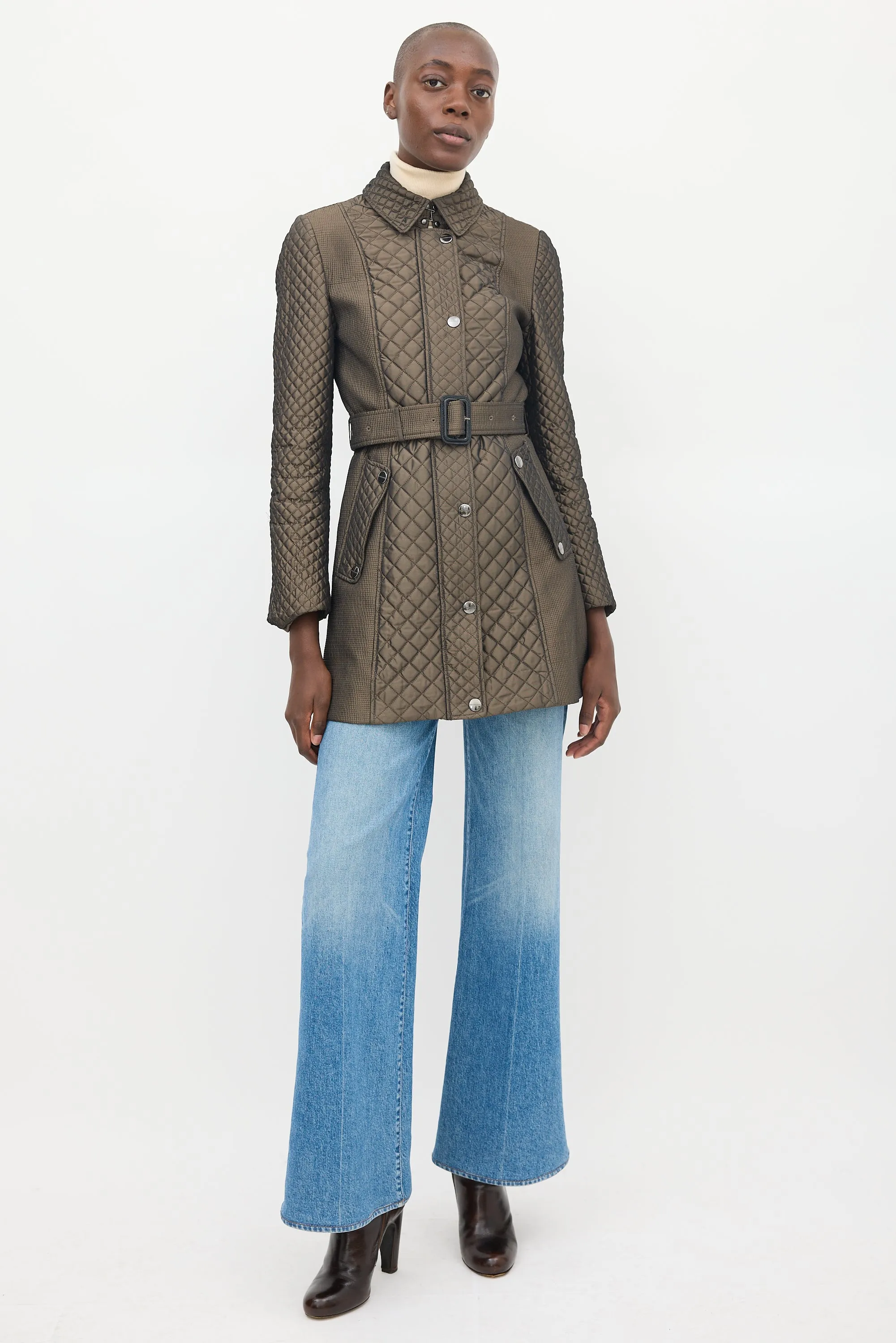 Dark Brown Belted Quilted  Coat