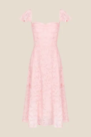 Flare Sleeves Pink Ruched A-line Long Dress