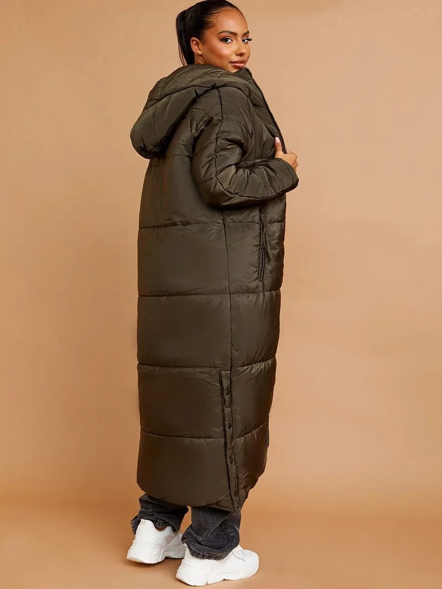HOODED LONGLINE PUFFER JACKET-OLIVE