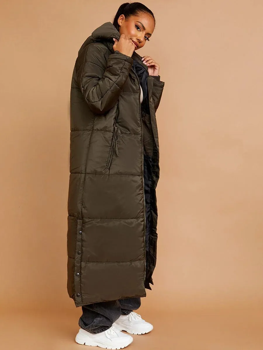 HOODED LONGLINE PUFFER JACKET-OLIVE