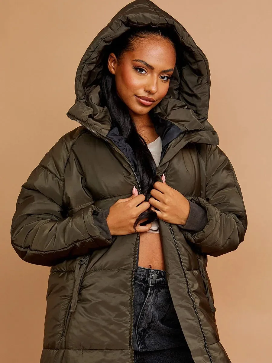 HOODED LONGLINE PUFFER JACKET-OLIVE