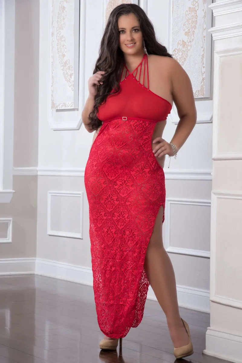 Long & Lusty- Plus Size Lace Gown- BLACK OR RED