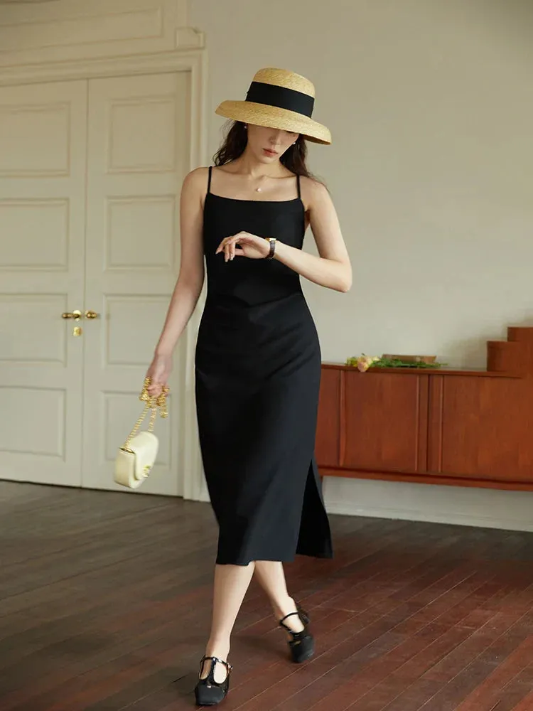 LVSANW DUSHU Women Long Black Slip Dress Slit Design Elegant Square Neck Slip Dress Adjustable Strap Spring Women Solid Dress