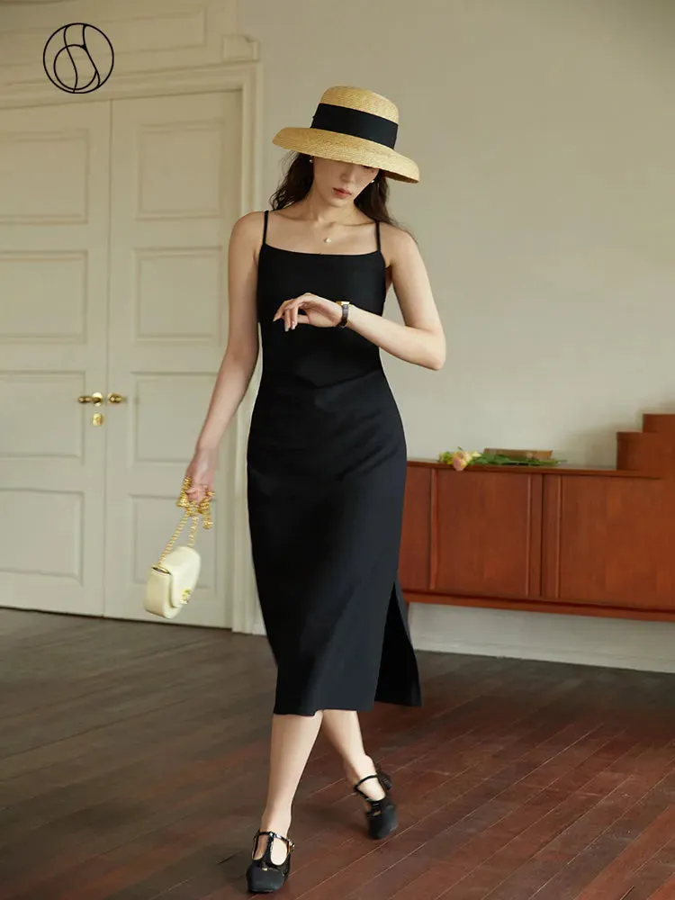 LVSANW DUSHU Women Long Black Slip Dress Slit Design Elegant Square Neck Slip Dress Adjustable Strap Spring Women Solid Dress