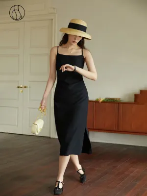 LVSANW DUSHU Women Long Black Slip Dress Slit Design Elegant Square Neck Slip Dress Adjustable Strap Spring Women Solid Dress
