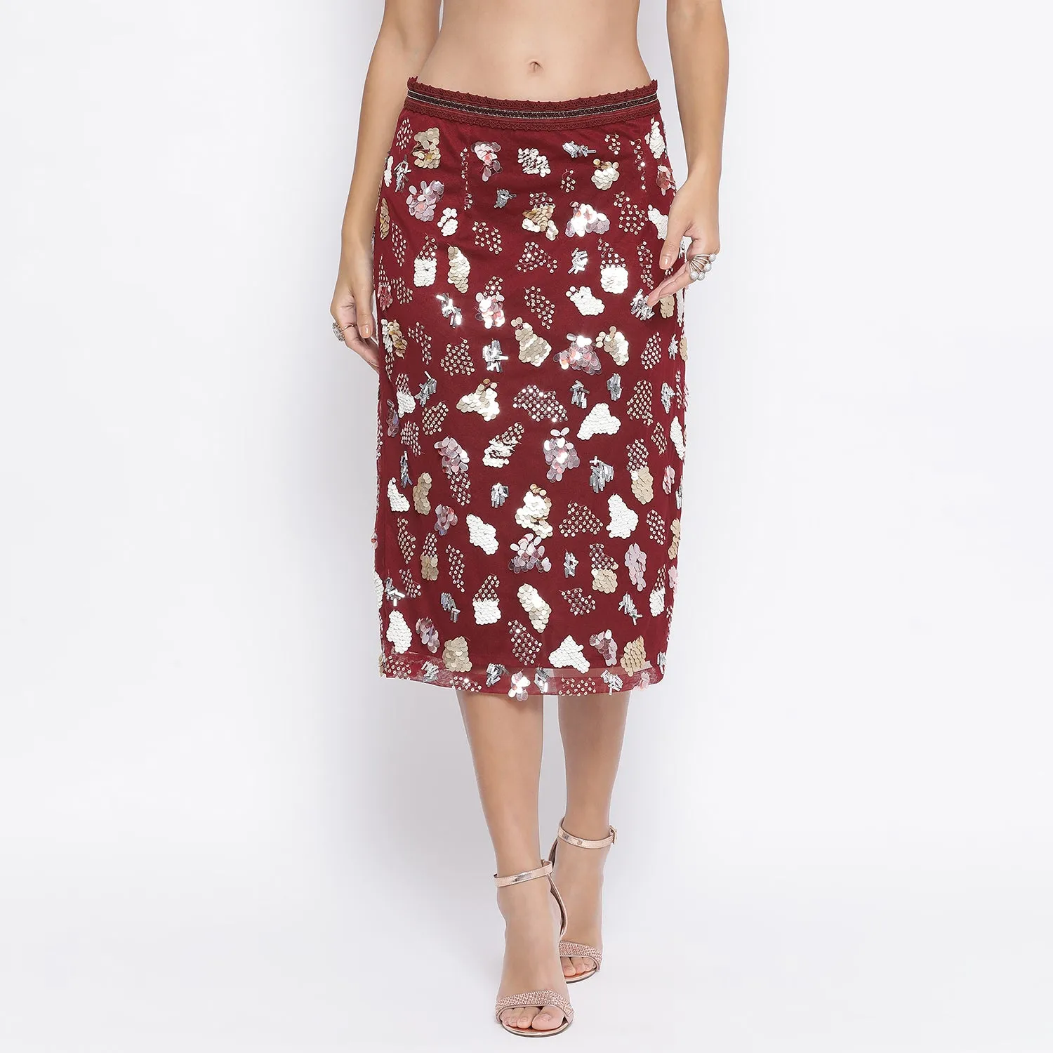 Maroon Net Skirt With Multicoloured Embroidery