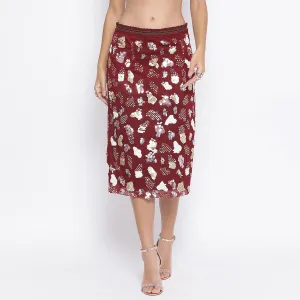 Maroon Net Skirt With Multicoloured Embroidery
