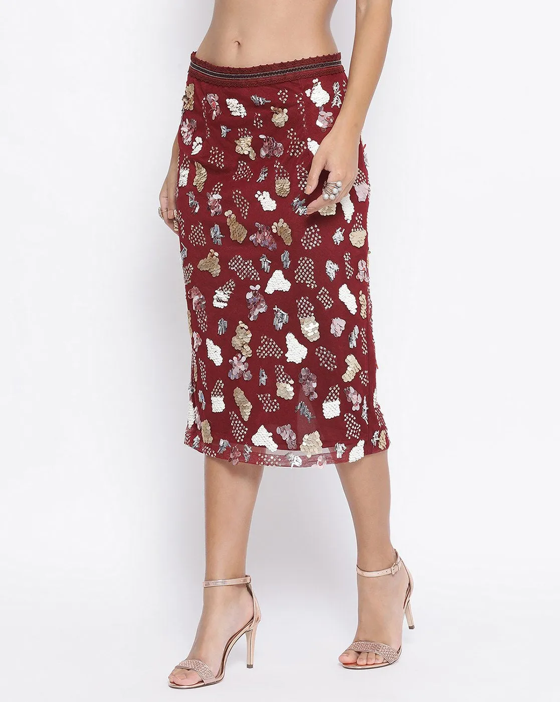 Maroon Net Skirt With Multicoloured Embroidery