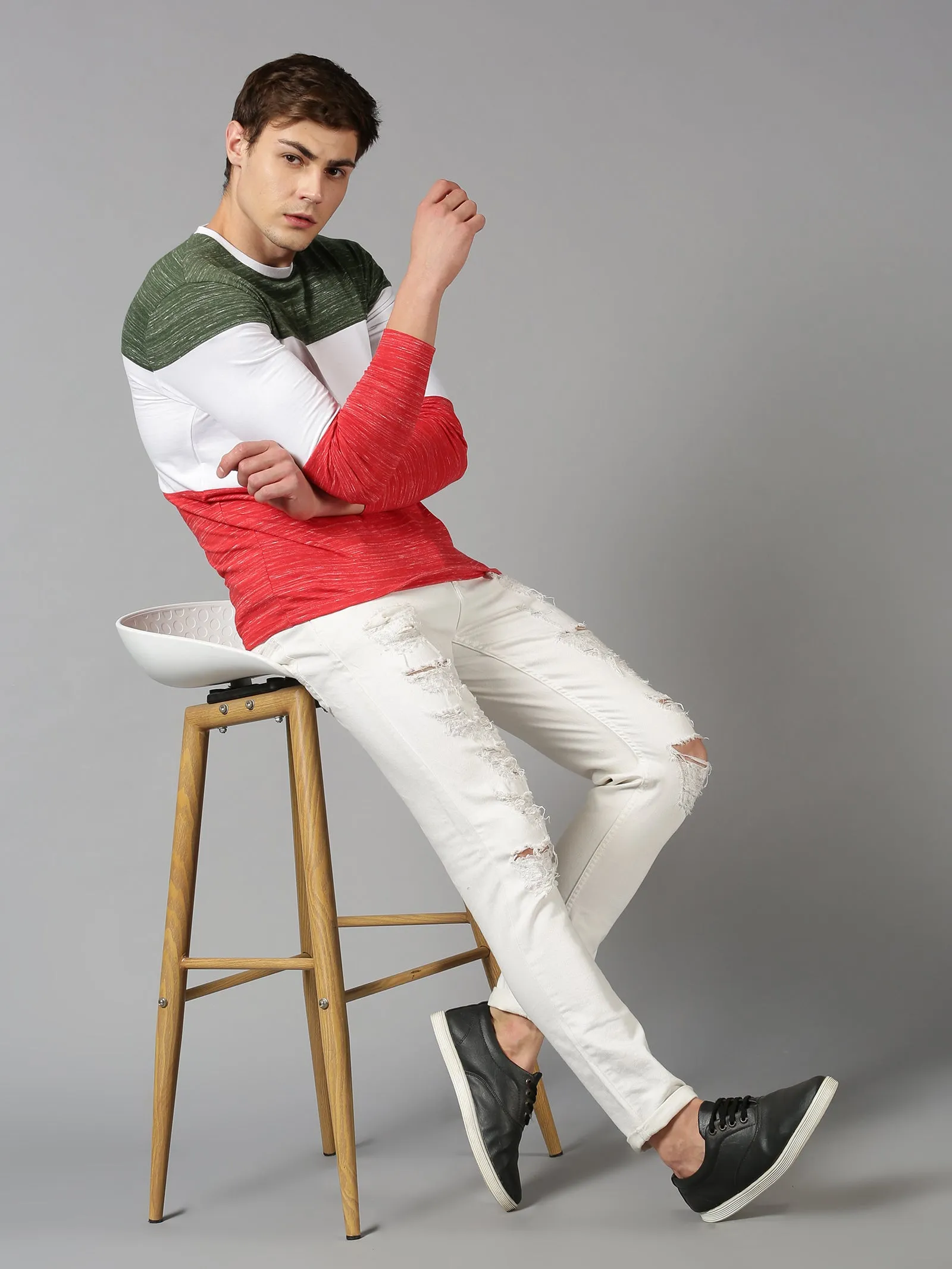 Men Multicolor Color Blocked Organic Cotton Long Sleeve Regular Fit Casual T-Shirt