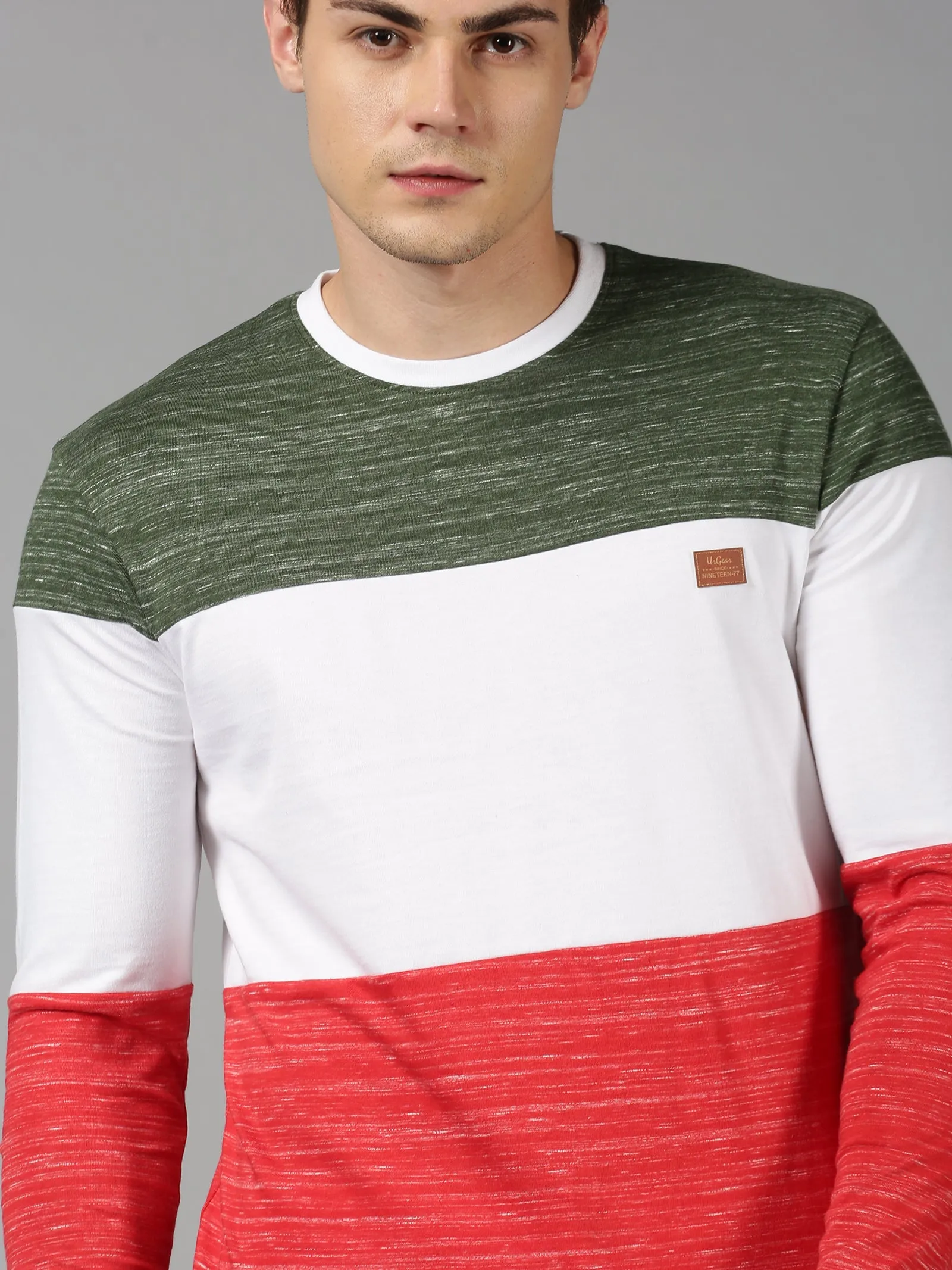 Men Multicolor Color Blocked Organic Cotton Long Sleeve Regular Fit Casual T-Shirt