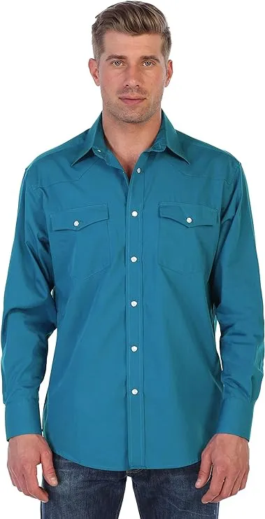 Men's Casual Western Cowboy Solid Long Sleeve Shirt with Pearl Snap-On Buttons