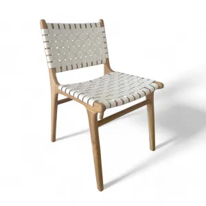 Mid Century Modern White Woven Leather and Teak Dining Chair
