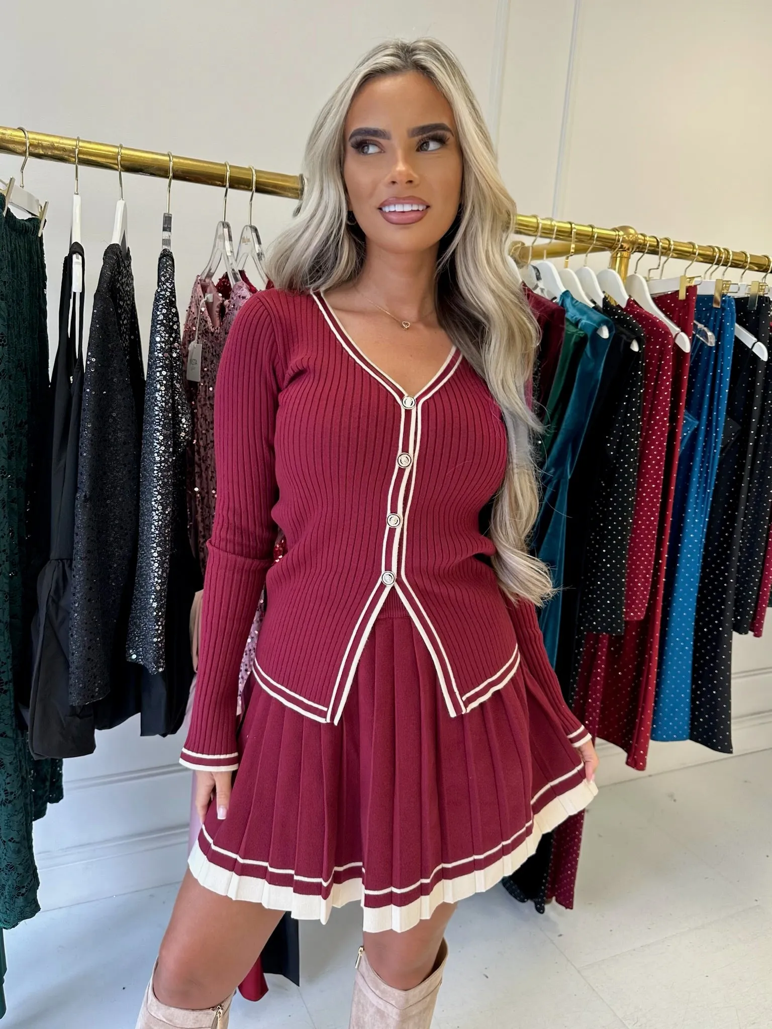 Morgan burgundy button pleated skirt set