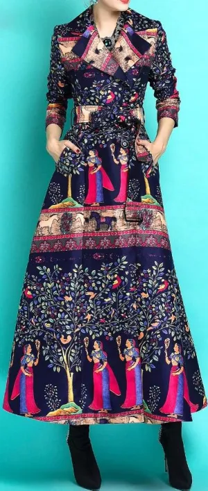Multi Printed Long Trench Coat