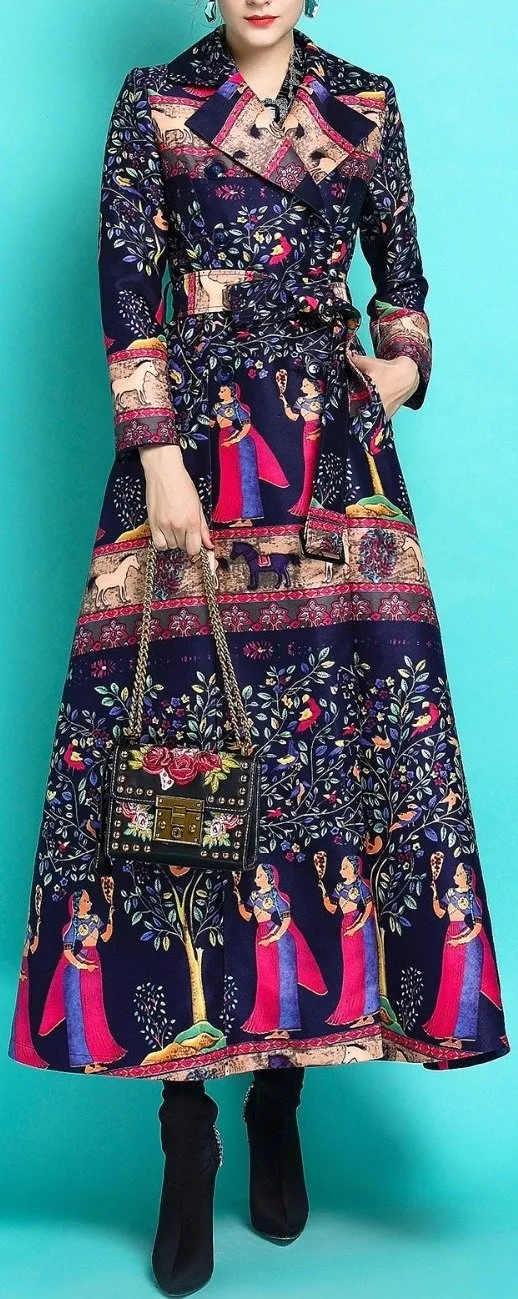Multi Printed Long Trench Coat