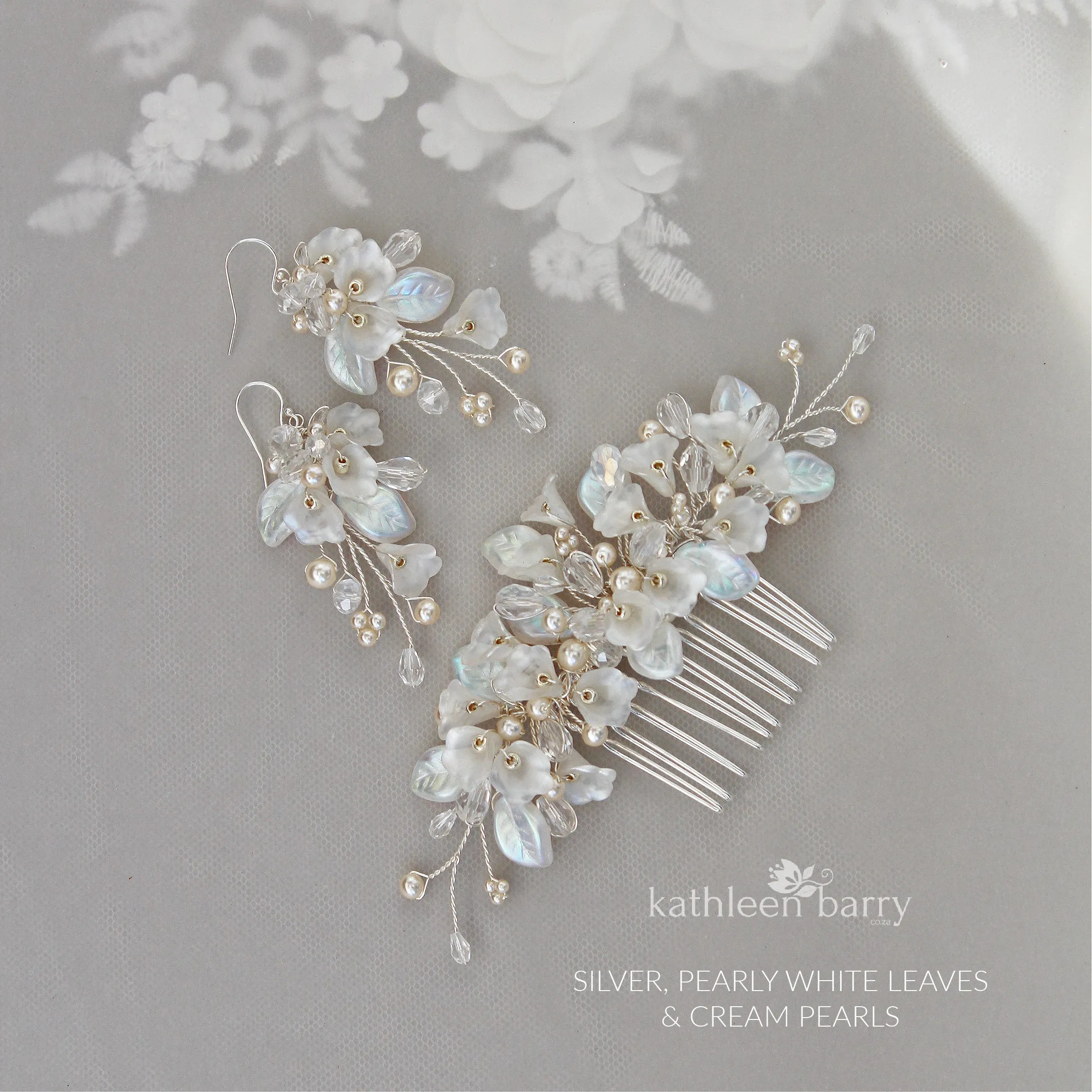 Nadine Delicate Leaf Pearl Crystal Bridal Hair Comb - Colour Options available