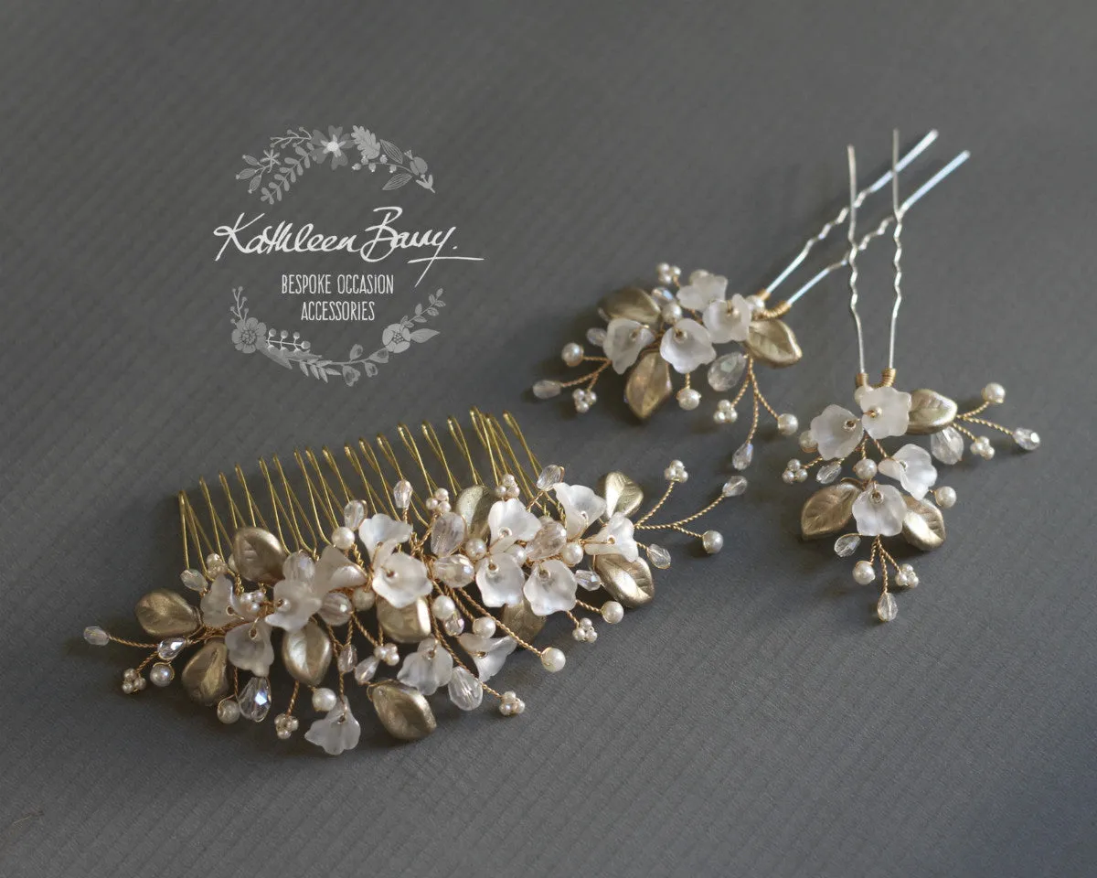 Nadine Delicate Leaf Pearl Crystal Bridal Hair Comb - Colour Options available