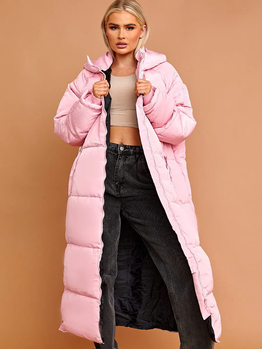 Nicky Longline Quilted Hooded Coat with Button Detail In Pink