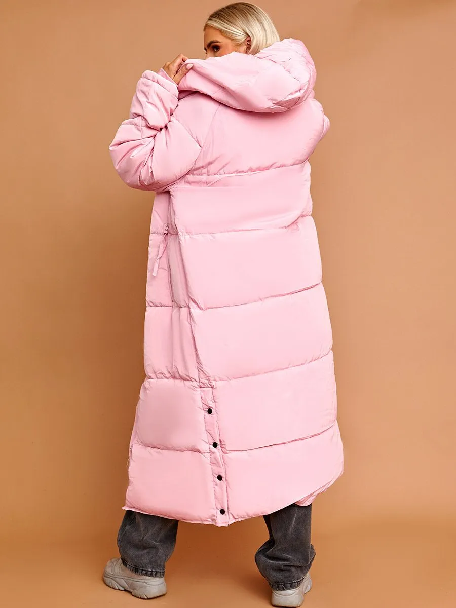 Nicky Longline Quilted Hooded Coat with Button Detail In Pink