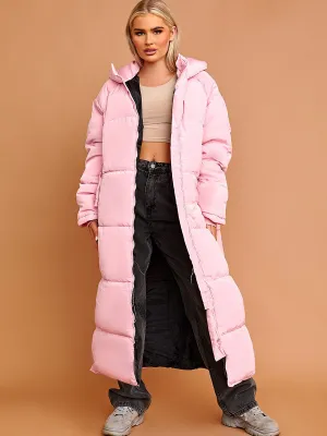 Nicky Longline Quilted Hooded Coat with Button Detail In Pink