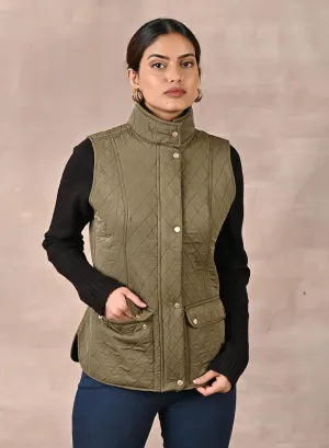 Olive Solid Sleeveless Quilted Jacket With Rivets Detail & Curved Hem