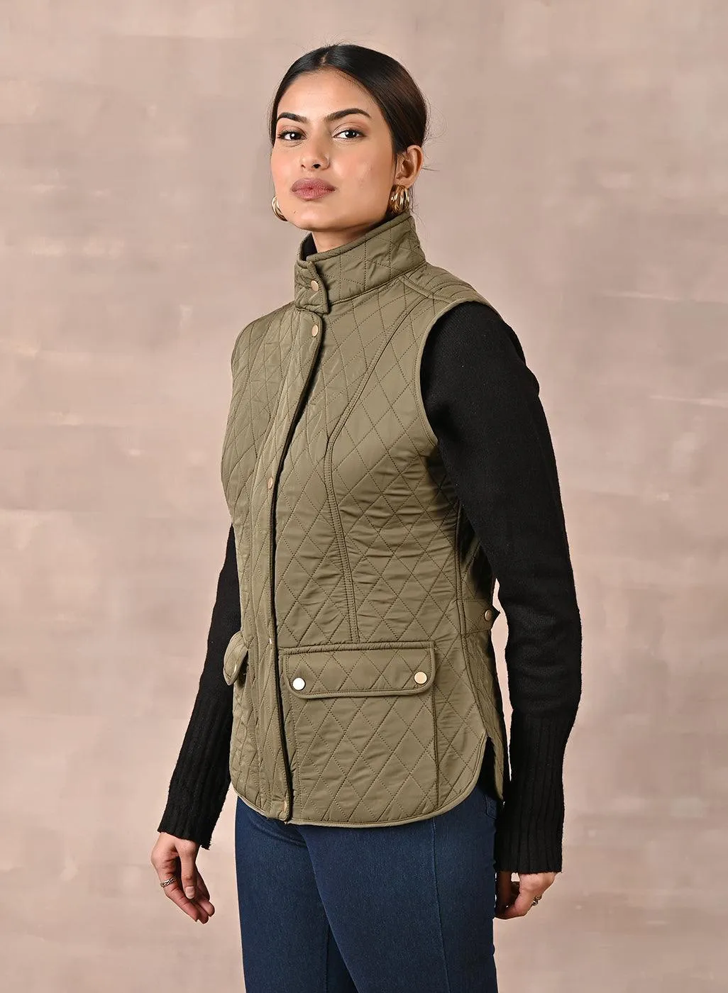 Olive Solid Sleeveless Quilted Jacket With Rivets Detail & Curved Hem