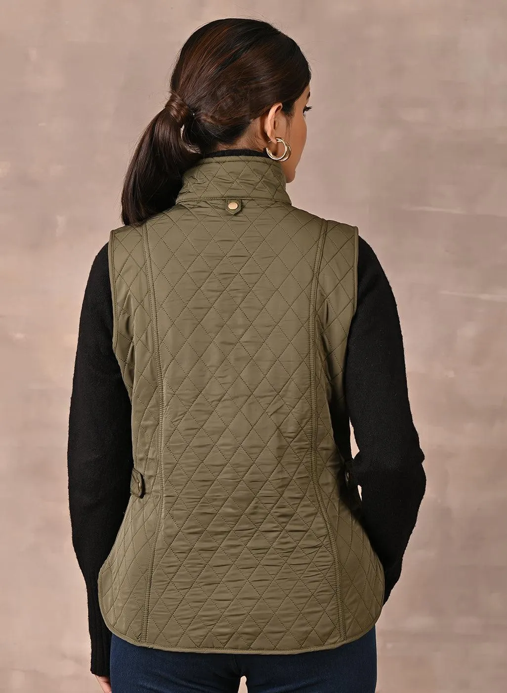 Olive Solid Sleeveless Quilted Jacket With Rivets Detail & Curved Hem